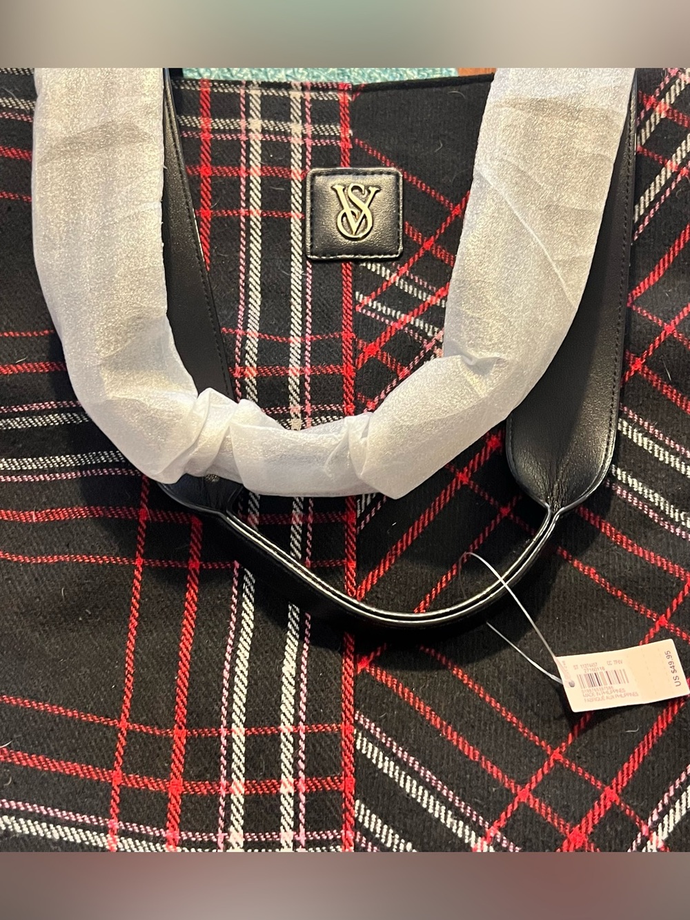Victoria's Secret Black Plaid Tote with Red & White Accents